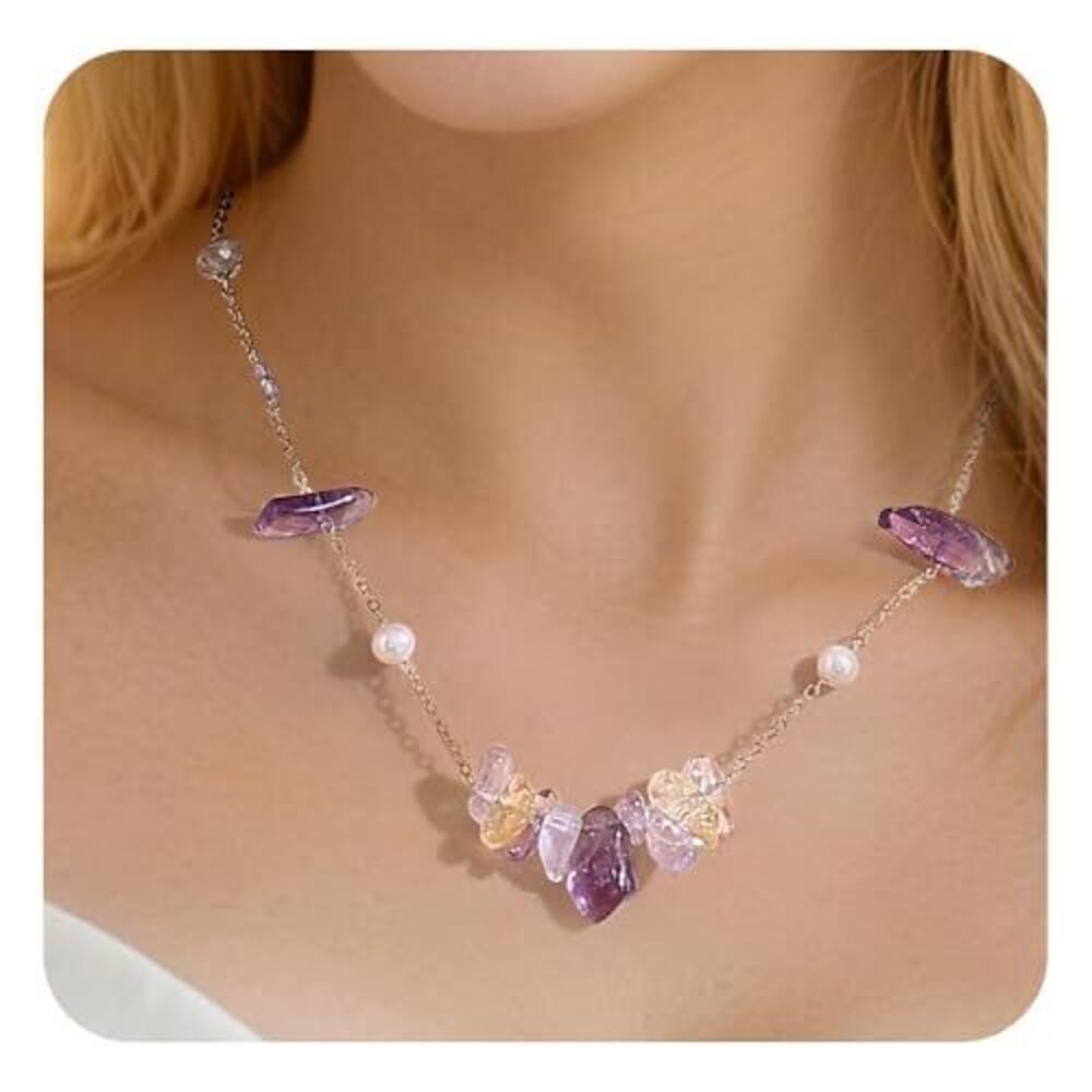 4634 Boho Irregular Natural Amethyst Citrine Crystal & Pearl Necklace, 18K